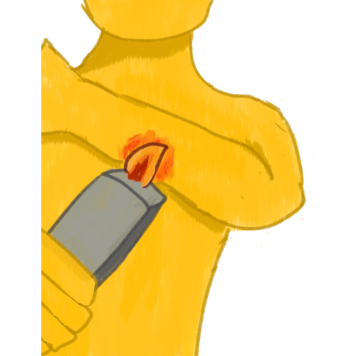 A yellow person holding a lighter to their arm. The spot near the lighter is red and burnt.